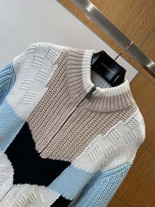 ルイヴィトンスーパーコピー 刺繍入りカラーブロックジッパーニットカーディガン