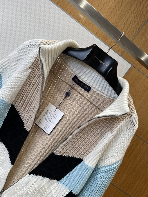 ルイヴィトンスーパーコピー 刺繍入りカラーブロックジッパーニットカーディガン