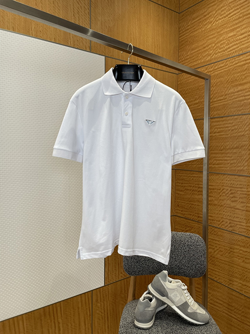 プラダ カラーブロックのスチールロゴビジネス半袖ポロシャツ