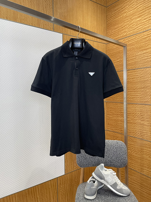プラダ カラーブロックのスチールロゴビジネス半袖ポロシャツ