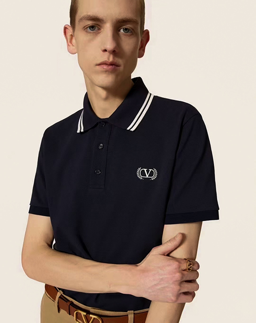 ヴァレンティノ カラーブロックのストライプ柄の襟付き刺繍入りの半袖ポロシャツ