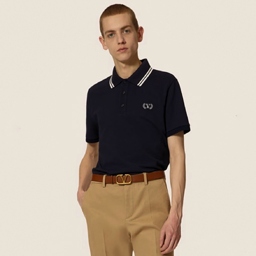 ヴァレンティノ カラーブロックのストライプ柄の襟付き刺繍入りの半袖ポロシャツ