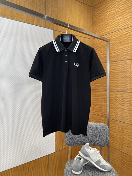 ヴァレンティノ カラーブロックのストライプ柄の襟付き刺繍入りの半袖ポロシャツ