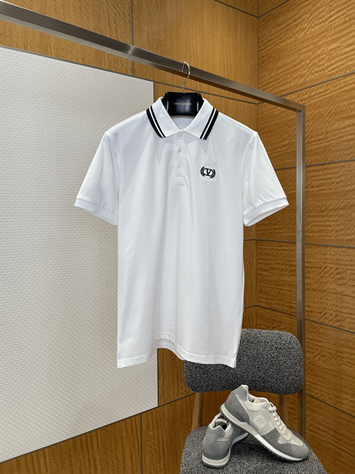 ヴァレンティノ カラーブロックのストライプ柄の襟付き刺繍入りの半袖ポロシャツ