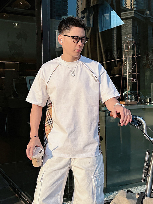 バーバリースーパーコピー チェック柄パッチワーク刺繍半袖Tシャツ