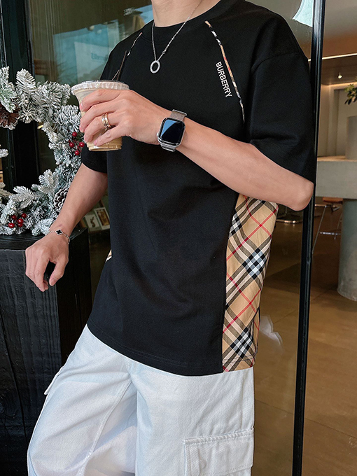 バーバリースーパーコピー チェック柄パッチワーク刺繍半袖Tシャツ