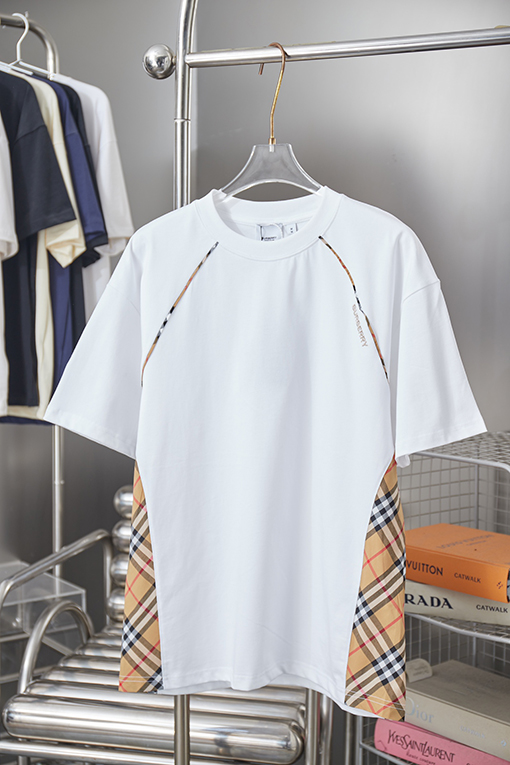 バーバリースーパーコピー チェック柄パッチワーク刺繍半袖Tシャツ