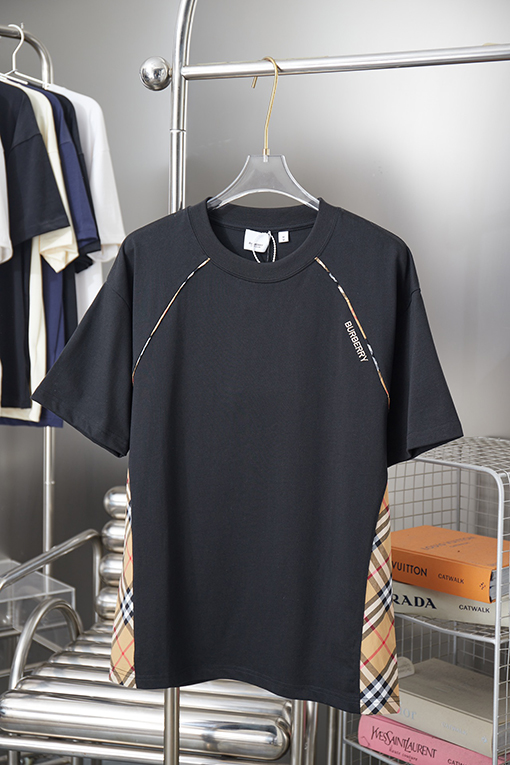 バーバリースーパーコピー チェック柄パッチワーク刺繍半袖Tシャツ