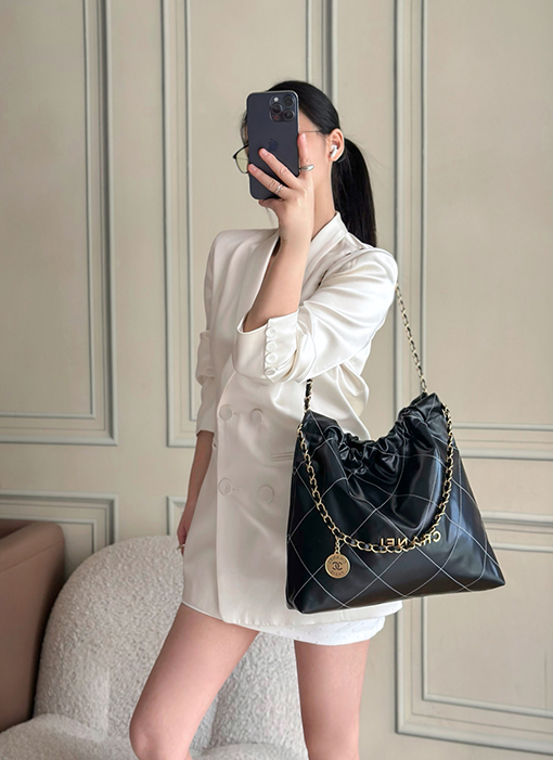 シャネル レディースワックスレザーチェーン巾着ショッピングバッグ