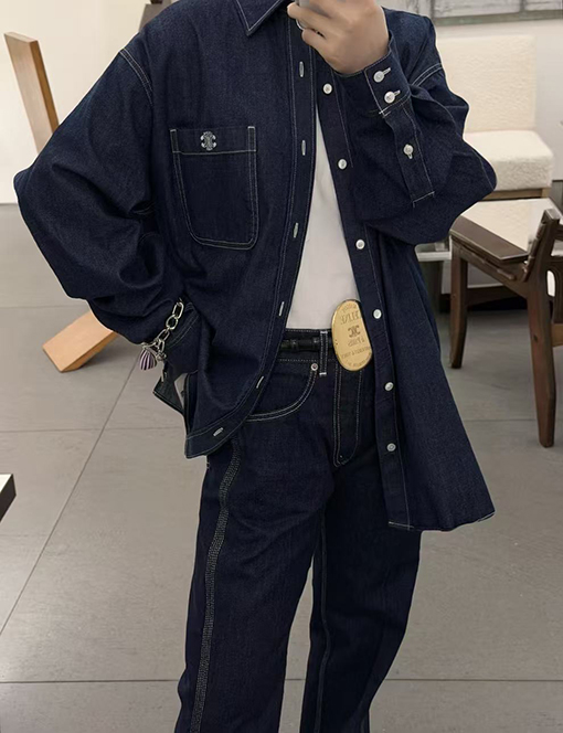 セリーヌコピー 凱旋門の刺繍デニム長袖シャツ