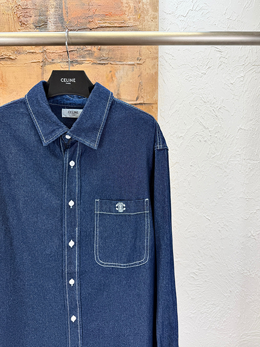 セリーヌコピー 凱旋門の刺繍デニム長袖シャツ