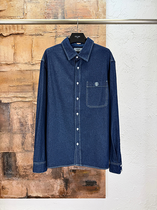 セリーヌコピー 凱旋門の刺繍デニム長袖シャツ