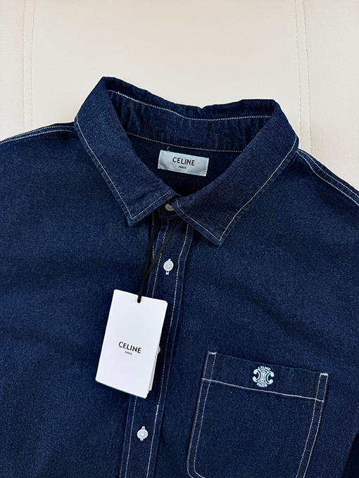 セリーヌコピー 凱旋門の刺繍デニム長袖シャツ