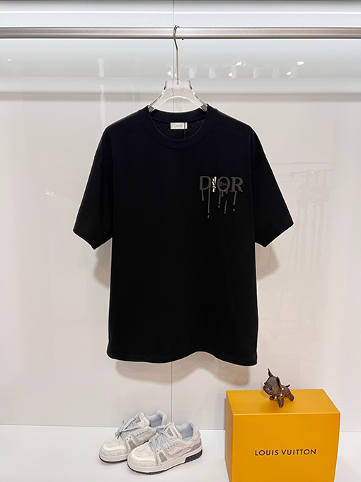 ディオールブランドスーパーコピー DIOR カラーブロックの浮き彫りテクスチャ刺繍レターロゴ半袖Tシャツ
