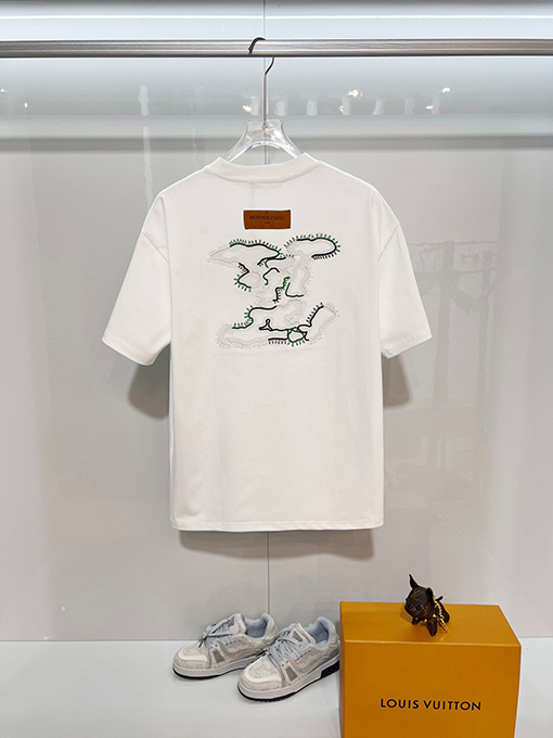 ルイヴィトン カラーブロック刺繍ロゴクルーネック半袖Tシャツ