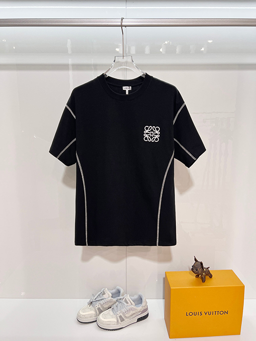 ロエベ 胸元に刺繍ロゴが入ったパッチワークストライプの半袖Tシャツ