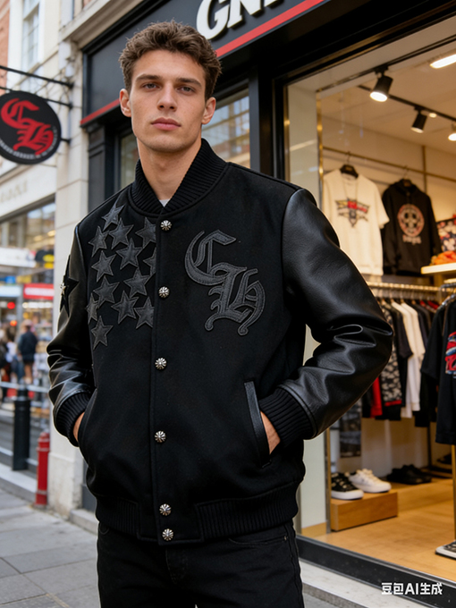 クロムハーツ 星の刺繍パッチワークベースボールカラーレザージャケット