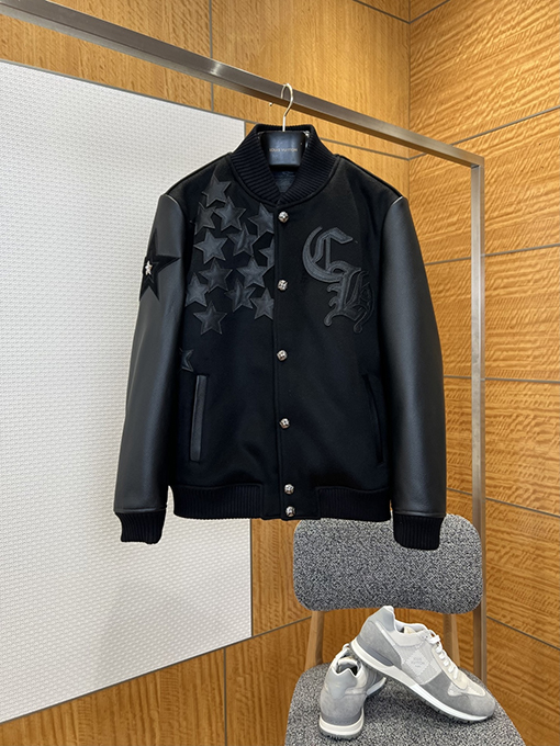 クロムハーツ 星の刺繍パッチワークベースボールカラーレザージャケット