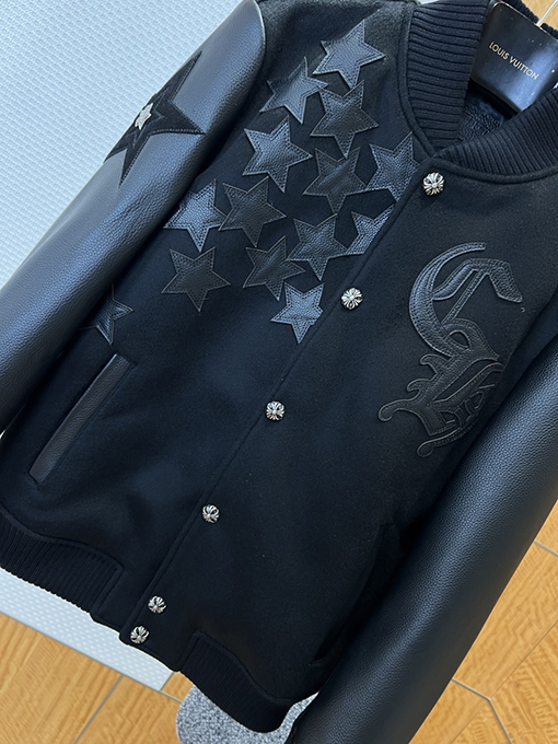 クロムハーツ 星の刺繍パッチワークベースボールカラーレザージャケット