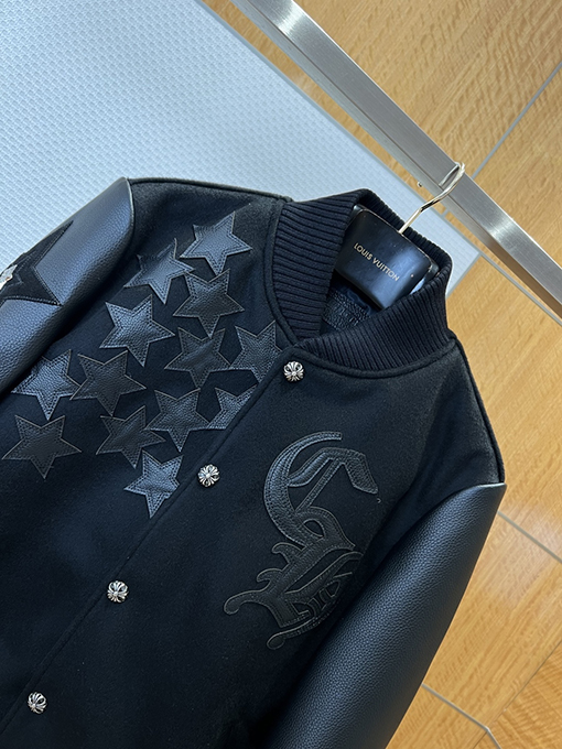 クロムハーツ 星の刺繍パッチワークベースボールカラーレザージャケット