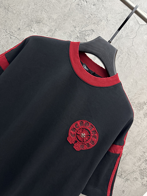 クロムハーツブランドコピー アメリカンスタイルのツートンカラーのアップリケ刺繍りカップル半袖Tシャツ