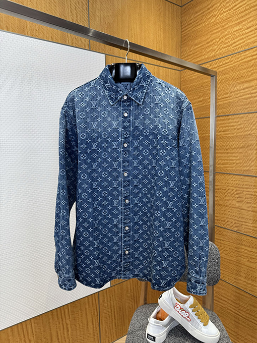 ルイヴィトン 全面プリントの襟付きシングルブレストデニム長袖シャツ