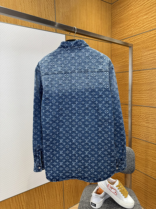 ルイヴィトン 全面プリントの襟付きシングルブレストデニム長袖シャツ