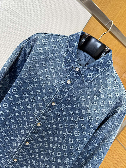 ルイヴィトン 全面プリントの襟付きシングルブレストデニム長袖シャツ