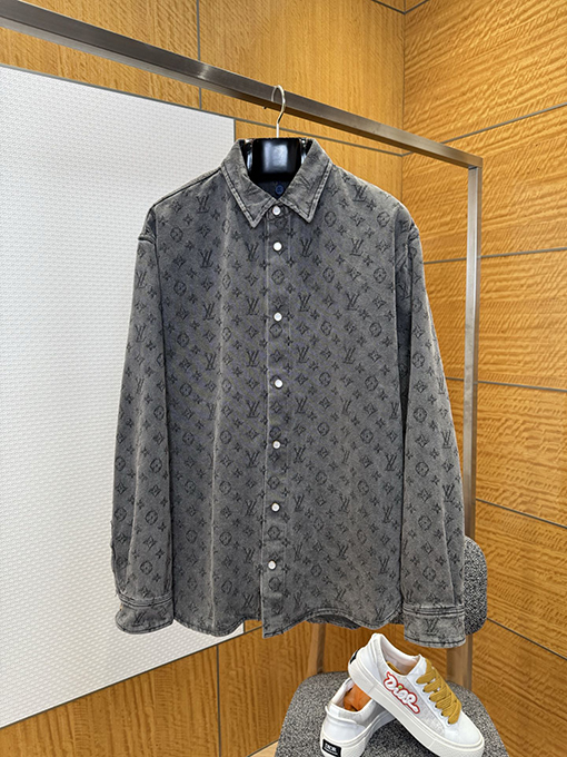 ルイヴィトン 全面プリントの襟付きシングルブレストデニム長袖シャツ