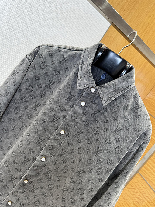 ルイヴィトン 全面プリントの襟付きシングルブレストデニム長袖シャツ