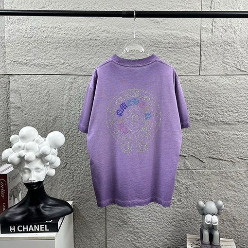 クロムハーツ 重工業なダメージヴィンテージスタイル立体なカラーホットフィックスラインストーン付き半袖Tシャツ