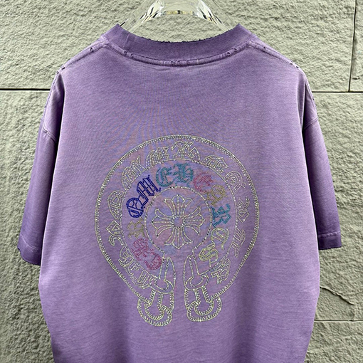 クロムハーツ 重工業なダメージヴィンテージスタイル立体なカラーホットフィックスラインストーン付き半袖Tシャツ