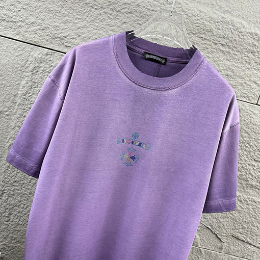 クロムハーツ 重工業なダメージヴィンテージスタイル立体なカラーホットフィックスラインストーン付き半袖Tシャツ