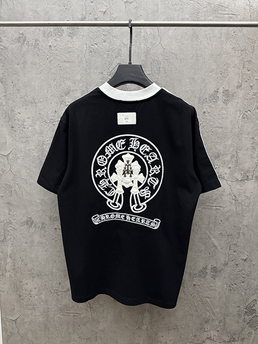クロムハーツスーパーコピー クラシックなレザーのクロスステッチストライプショルダー半袖Tシャツ
