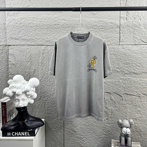 クロムハーツ 新モデルスタイルダメージとウォッシュヴィンテージ風フロッキー厚シリコン半袖Tシャツ