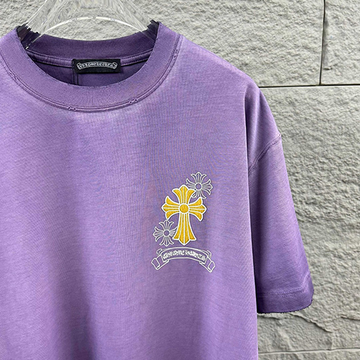 クロムハーツ 新モデルスタイルダメージとウォッシュヴィンテージ風フロッキー厚シリコン半袖Tシャツ