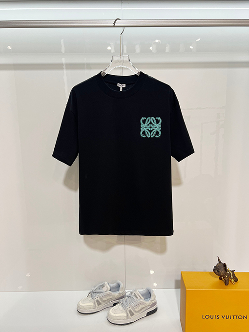 ロエベ LOEWE 青いつる植物のパッチワーク刺繍ロゴ入り半袖Tシャツ