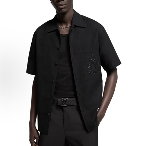 ルイヴィトンブランドコピー LV スパンコール刺繍入りポケット付き半袖シャツ