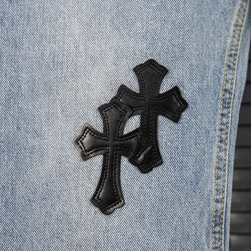 クロムハーツ 人気のクロス柄レザーウォッシュデニムジーンズ