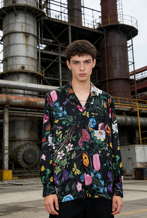 グッチ 花柄と昆虫柄の襟付き長袖シャツ