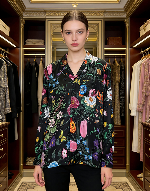 グッチ 花柄と昆虫柄の襟付き長袖シャツ