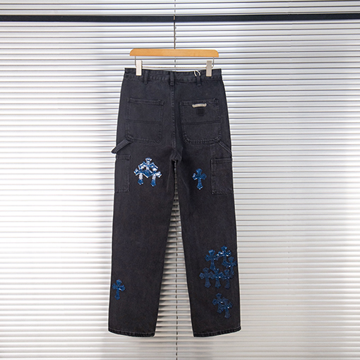 クロムハーツ 星空のブルーレザー製ロギングクロスパッチワークワークウェアウォッシュドジーンズ