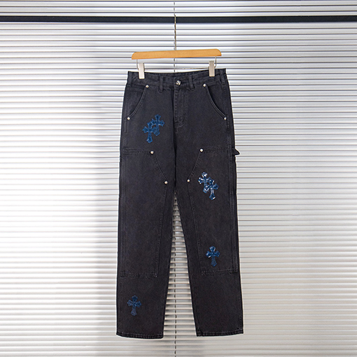 クロムハーツ 星空のブルーレザー製ロギングクロスパッチワークワークウェアウォッシュドジーンズ