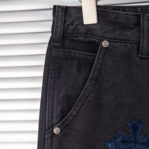 クロムハーツ 星空のブルーレザー製ロギングクロスパッチワークワークウェアウォッシュドジーンズ