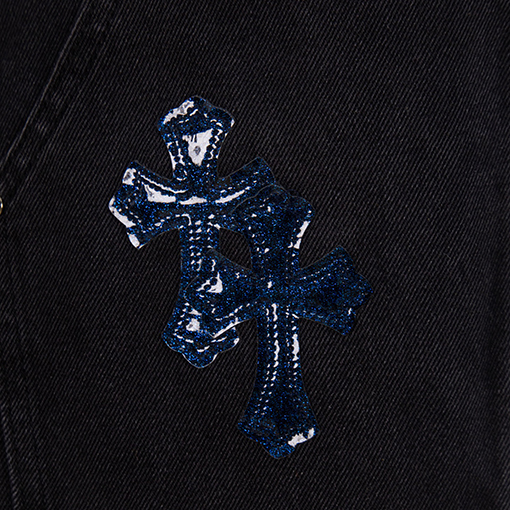 クロムハーツ 星空のブルーレザー製ロギングクロスパッチワークワークウェアウォッシュドジーンズ