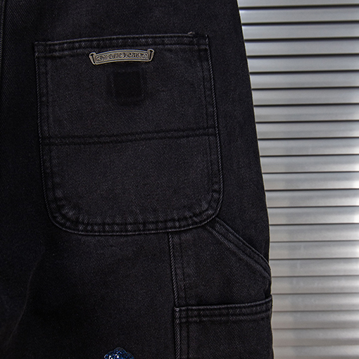 クロムハーツ 星空のブルーレザー製ロギングクロスパッチワークワークウェアウォッシュドジーンズ