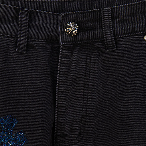 クロムハーツ 星空のブルーレザー製ロギングクロスパッチワークワークウェアウォッシュドジーンズ