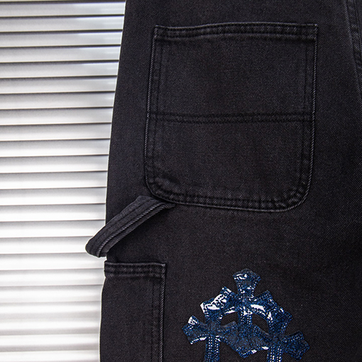 クロムハーツ 星空のブルーレザー製ロギングクロスパッチワークワークウェアウォッシュドジーンズ