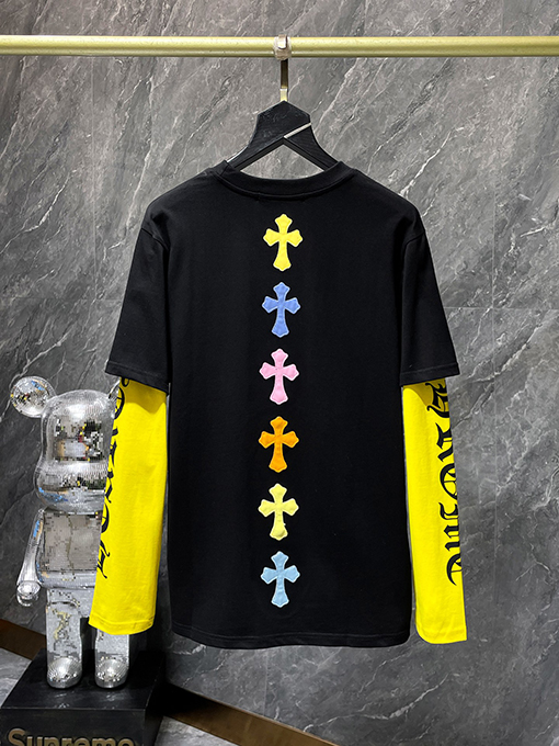 クロムハーツ カラフルなパッチワークレザーのクロスプリントフェイクツーピース長袖シャツ