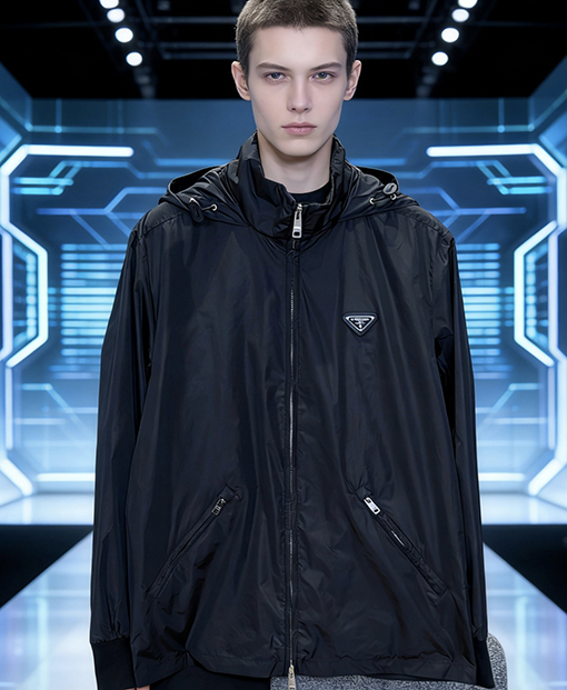 プラダ エナメルの三角形ロゴ入りフード付き防風ジャケット